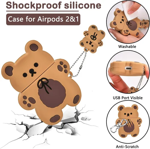 Miniatura 5 de Lindas fundas para AirPods con llavero de oso de dibujos animados, diseño de oso de galleta, funda de silicona protectora completa compatible