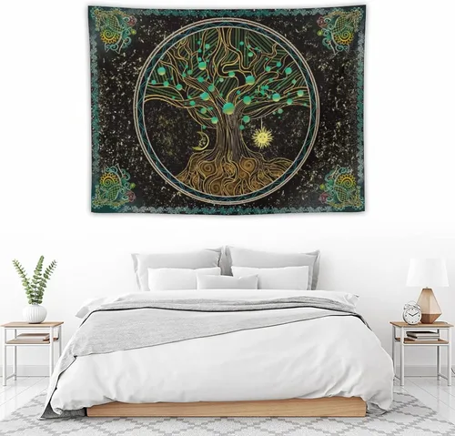 Miniatura 4 de Naykow Árbol de la vida, bohemio, sol, luna, naturaleza, lindo tapiz verde para pared, mandala espiritual, chakras, grunge, tapices para colgar