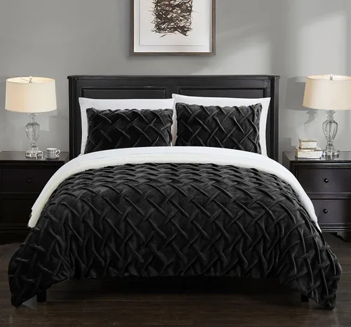 Chic Home BCS03140-AN Naama - Juego de edredón de 3 piezas ultra afelpado de micro visón, con pliegues cruzados, ropa de cama con forro sherpa, Negro