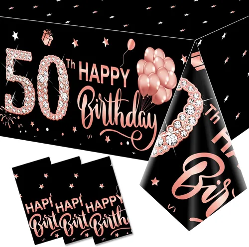 Miniatura 11 de Paquete de 3 manteles de color oro rosa para cumpleaños n.° 80, suministros para fiestas, mantel rectangular desechable de plástico Oro rosa 80