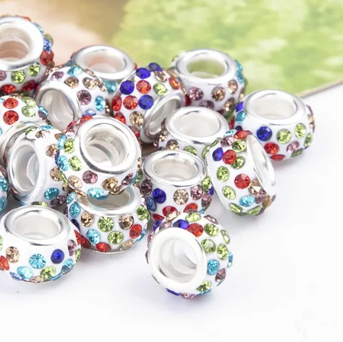 Miniatura 14 de Decoendiy 100 cuentas europeas de diamantes de imitación, cuentas espaciadoras de diamantes de imitación de agujero grande, cuentas planas redondas