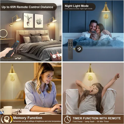 Miniatura 3 de TRLIFE Aplique de pared con control remoto, apliques de pared de latón cepillado enchufables, regulables y con temperatura de color ajustable Dorado