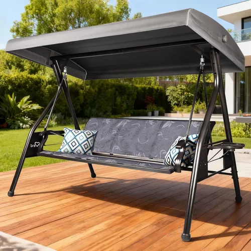 Miniatura 10 de ZZW Columpio de patio para 3 personas para adultos con toldo ajustable y portavasos mejorados, tela de textileno, silla de columpio con soporte Verde