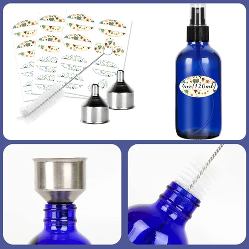Miniatura 4 de CycleMore, 16 botellas de spray de vidrio azul de 120 ml, 4 oz, con rociadores de niebla fina, botellas de vidrio para viajes para cosméticos, Azul
