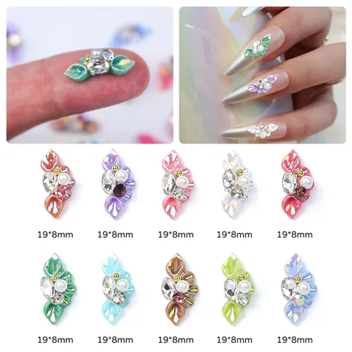 Miniatura 2 de 20 dijes de uñas de flores para uñas acrílicas, flores en relieve 5D, pétalos, perlas, diamantes de imitación, joyería de uñas, decoración de uñas