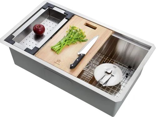 STARSTAR Workstation Ledge - Fregadero de cocina de acero inoxidable 304 con rejilla, colador, tabla de cortar (30 x 19)