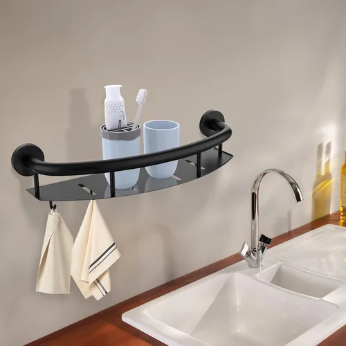 Miniatura 5 de Barra de Agarre para Ducha Negra con Estante de 18 Pulgadas, Zepolu Estante para Champú de Acero Inoxidable con Barra de Agarre, Estantes de Baño