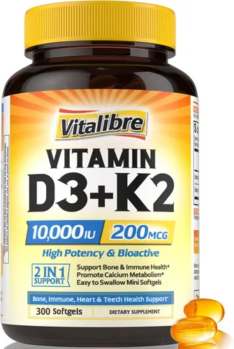 Vitalibre Suplemento de vitamina D3 K2, 10000 UI D3 / 200 mcg K2 MK7, absorción de calcio, hueso, corazón, apoyo inmunológico y estado de ánimo,