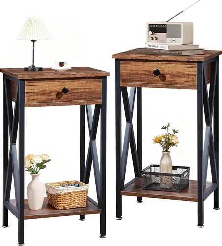 Miniatura 8 de VECELO Mesitas de noche modernas y versátiles con diseño en X, mesa auxiliar lateral con cesta de almacenamiento, mesita de noche con estante
