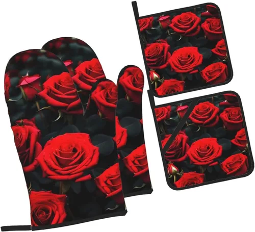 Miniatura 2 de Juego de manoplas y salvamanteles antideslizantes para horno y salvamanteles con diseño de rosas rojas, resistentes al agua, para hornear a