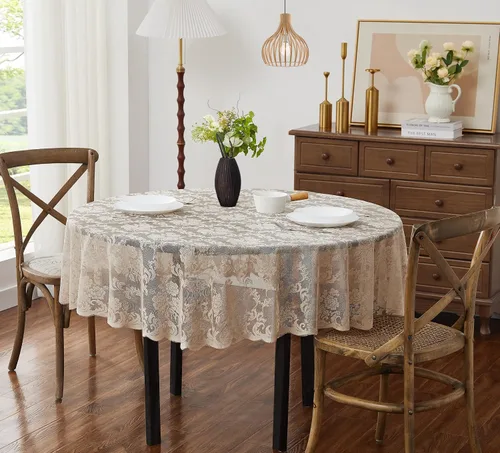 ASATEX Mantel redondo de encaje de lino dorado de 48 pulgadas. El patrón floral clásico y elegante es la elección ideal para cualquier comedor de