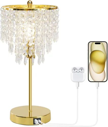 Miniatura 10 de Lámpara de mesa de cristal con control táctil, lámparas de mesita de noche con doble USB para dormitorio, lámpara de mesita de noche regulable de 3