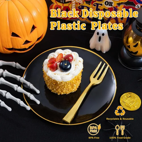Miniatura 4 de Festiva 200 Piezas Platos de Postre Negro y Dorado de 6.3" con Tenedores de Plástico de 5"- Platos Desechables Pequeños- Platos de Plástico