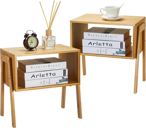 Pipishell - Mesas auxiliares apilables de bambú, mesita de noche de madera para sala de estar, mesas de cabecera para almacenamiento en dormitorio,