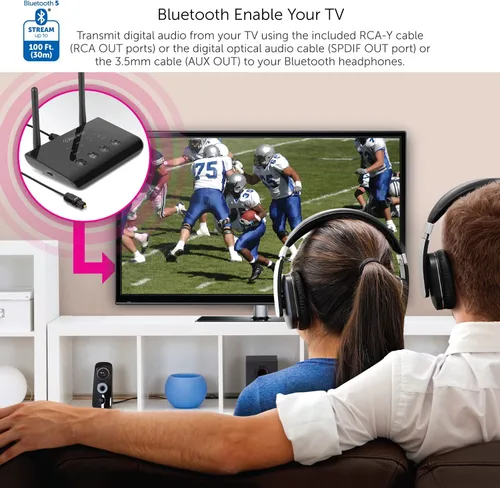 Miniatura 3 de Aluratek Receptor y transmisor de audio Bluetooth con baja latencia, antena dual, soporte de hasta 100 pies de alcance inalámbrico desde TV a