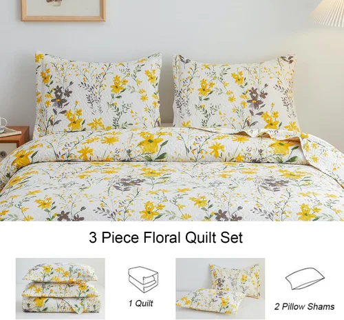 Miniatura 6 de Ycosy Juegos de Edredón Floral Tamaño Twin Reversible Colchas Cubrecamas de Campo Ligeras Edredón de Flores Amarillas Ropa de Cama Hojas Verdes