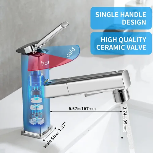 HANLIAN Grifo extraíble de baño de un solo orificio con boquilla giratoria, grifo de una manija para lavabo de baño, grifo de baño moderno con Cromo