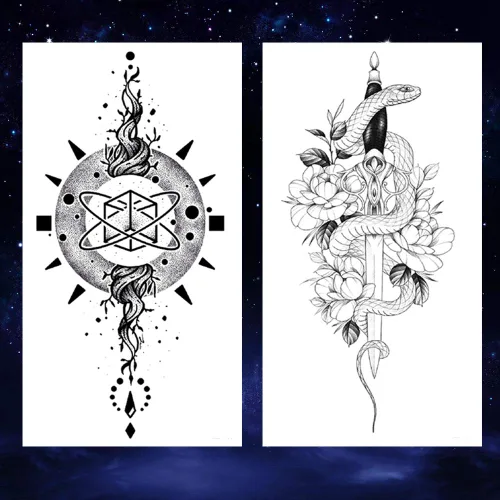 Miniatura 6 de 8 hojas de tatuajes temporales negros con flechas, brújulas, plumas, dragones, anclas, espadas, serpientes, árboles y flores para el brazo