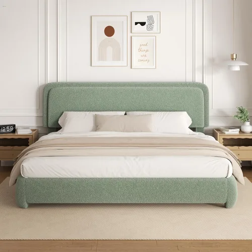 Miniatura 12 de Base de cama de tamaño Full con tapizado de bouclé, plataforma tapizada con cabecera, anticolisión con esquinas redondeadas suaves, no requiere