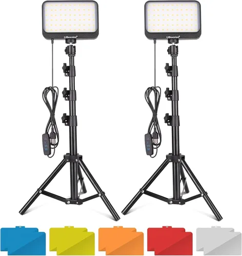 UBeesize Kit de luz LED de video, 2 piezas de iluminación portátil continua regulable con soporte de trípode ajustable y 5 filtros de color para
