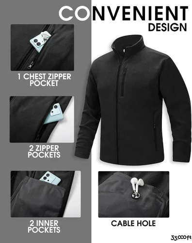 Miniatura 5 de 33,000ft - Chaqueta de forro polar con cremallera completa para hombre, ligera, cálida y suave, chaquetas de manga larga con bolsillos