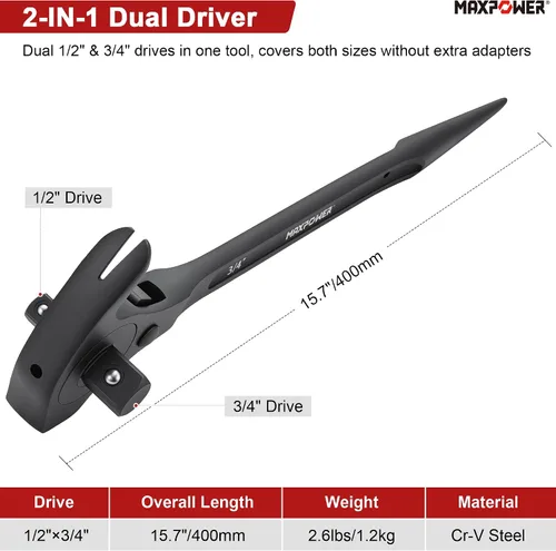 Miniatura 2 de MAXPOWER Llave de trinquete de andamio de accionamiento de 1/2" y 3/4", llave de podger con martillo de garra, palanca de palanca, barra de palanca