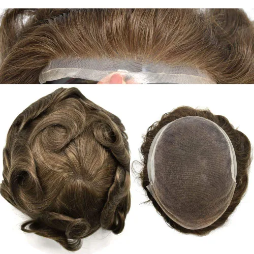 Miniatura 9 de Sistema de repuesto de cabello humano europeo con encaje frontal suizo para hombre, tupé para hombre, pieza de cabello, nudo blanqueado, línea #17