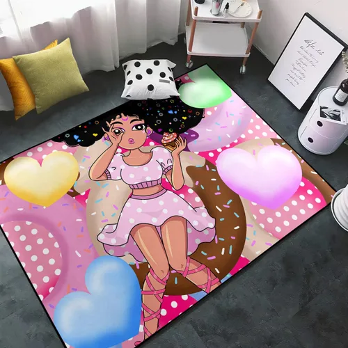 Miniatura 22 de Alfombra de área para dormitorio de niñas negras africanas, alfombra para sala de estar, sala de juegos, azul, lindo anime de dibujos animados