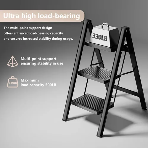 Miniatura 2 de Escalera plegable de 3 escalones, resistente taburete pequeño de 330 libras para adultos, escalera de armario con pedales anchos antideslizantes