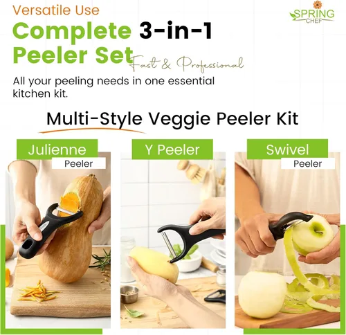 Miniatura 2 de Spring Chef Peladores de Verduras de Acero Inoxidable Giratorios, Y & Julienne para Cocina, Peladores de Papas con Mangos de Agarre Suave, Juego