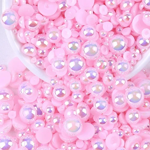 Miniatura 34 de Perlas con parte trasera plana para manualidades, 50g Mezcla Azul Rosa Blanco Medias perlas para manualidades, Tamaño mixto 3/4/5/6/8/10mm Perlas