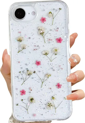 Miniatura 18 de LSEEKA Funda transparente para iPhone 13 Mini/iPhone 12 Mini con diseño de flores reales prensadas, con purpurina, bonito patrón floral blanco, Oro