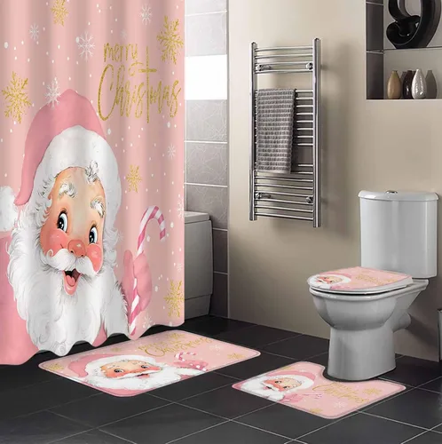Miniatura 10 de Juego de baño de Navidad con cortina de ducha y accesorios para alfombra, cortina de 36 x 72 pulgadas de largo con tapete de baño pequeño, juego