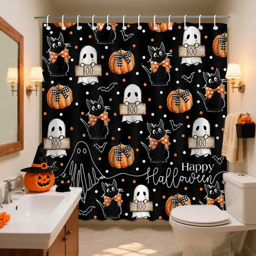 Miniatura 6 de Mocsicka Cortina de ducha de Halloween con dibujos animados, fantasma, lindo gato negro, calabaza, cortina de ducha de baño, cortina de ducha