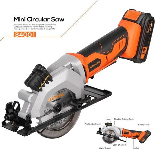 Miniatura 5 de Yunirvana Mini sierra circular, sierra circular inalámbrica profesional de 20 V 3400 RPM, ángulo y profundidad ajustables, profundidad de corte