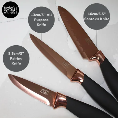 Miniatura 3 de Juego de 3 cuchillos de cocina de regalo - Brooklyn por Taylors Eye Witness. Refuerzos de color oro rosa, hojas afiladas como navajas finamente