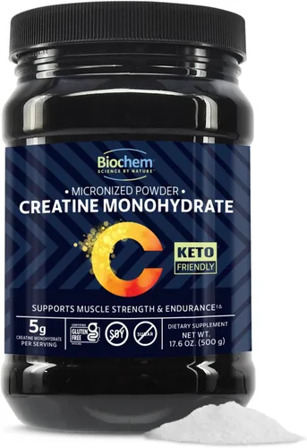 Biochem Monohidrato de creatina micronizada en polvo – Fuerza muscular y apoyo de resistencia – Fórmula limpia y vegana – Certificado sin gluten,