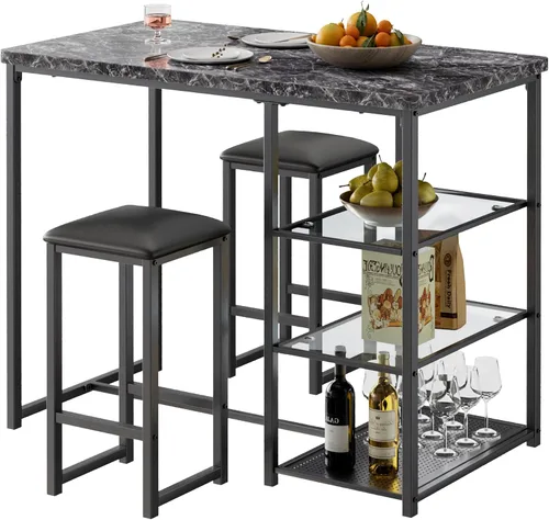 Miniatura 9 de VECELO juego de mesa de bar pequeña y sillas para 2, taburetes tapizados y estantes de almacenamiento de vidrio, para cocina, comedor, rincón