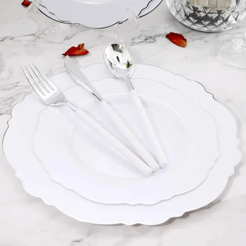 Miniatura 3 de WDF 100 platos de plástico plateado, diseño barroco de alta gama, platos blancos y plateados resistentes para fiestas de Navidad y bodas de lujo