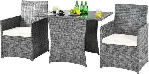 Miniatura 11 de HAPPYGRILL Juego de muebles de patio de 3 piezas, juego de mimbre de ratán PE para exteriores, con cojines lavables y mesa de vidrio templado