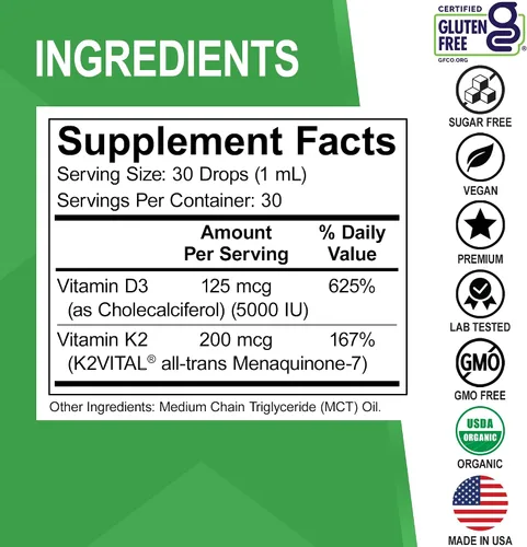 Miniatura 6 de Vitamina D3 K2 - Gotas líquidas orgánicas de vitamina D3K2 D3 K2, suplemento líquido de aceite MCT para adultos y niños, absorción de calcio huesos