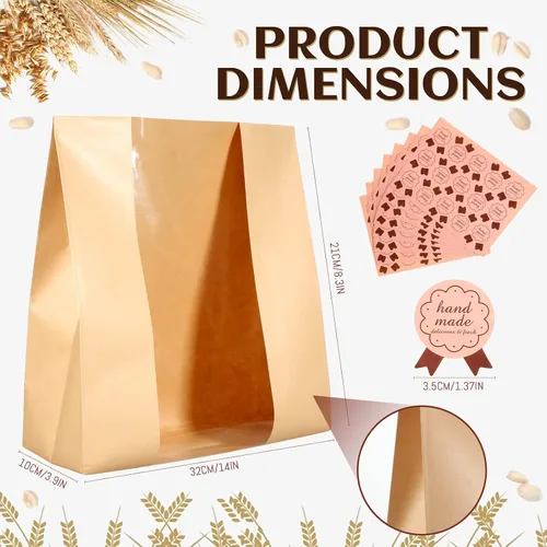 Miniatura 3 de Meanplan 150 bolsas de panadería con ventana, bolsas grandes de papel para pan casero, embalaje Kraft con 10 hojas de calcomanías para pan de masa