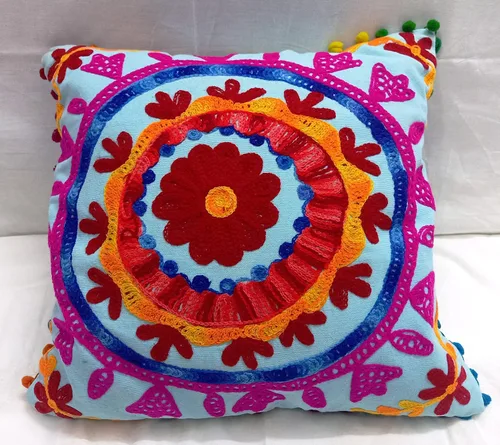 INDACORIFY Fundas de cojín bordadas de 16 x 16 pulgadas, funda de almohada decorativa, cojines indios con pompones para exteriores, fundas de