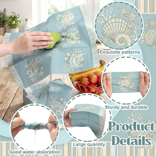Miniatura 3 de Jetec 200 servilletas de papel costeras con conchas marinas, toallas de mano de papel para baño, desechables, diseño de estrella de mar azul marino