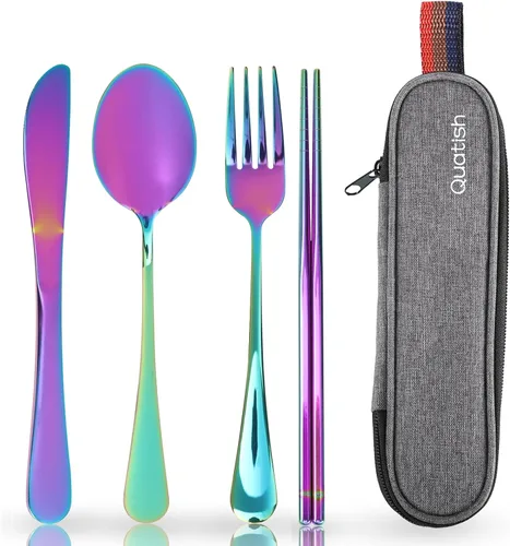 Miniatura 8 de Quatish - Utensilios de viaje con estuche, juego de cubiertos portátiles para el trabajo, juego de cubiertos de viaje reutilizables de acero Negro