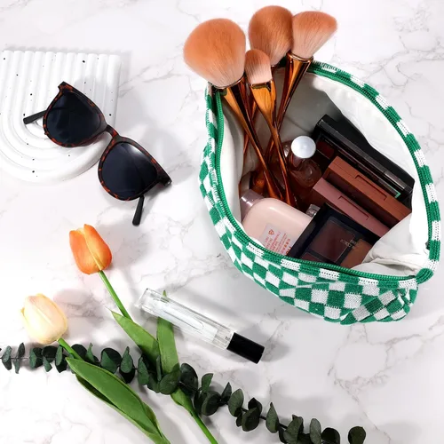 Miniatura 2 de ZLFSRQ Bolsa de maquillaje a cuadros para mujer, grande y pequeña, juego de bolsa de cosméticos a cuadros, bolsas de aseo de viaje, bolsa