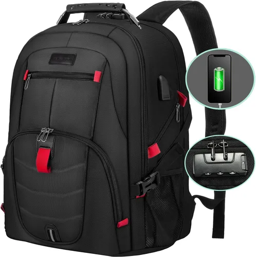 Miniatura 13 de LOVEVOOK Mochila grande de viaje y para laptop, impermeable, antirrobo, con cerradura y puerto de carga USB, para negocios, hombres, mujeres, Negro