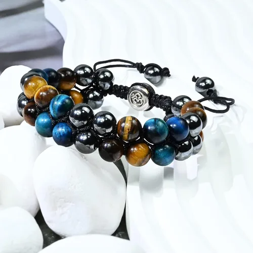 Miniatura 3 de Triple Protection Bracelet Natural Black Obsidian Tigers Eye Hematite Beads Crystal Bracelet Healing Bracelets for Men Women Bring Prosperity Luck