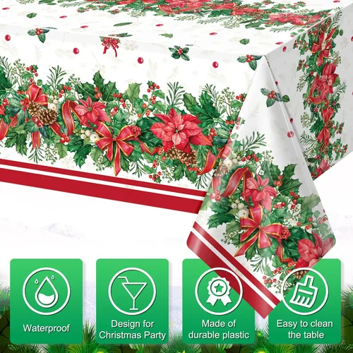 Miniatura 3 de 3 manteles navideños de acebo y flor de pascua, manteles desechables rectangulares de plástico con diseño de bayas de acebo y listón rojo, cubiertas