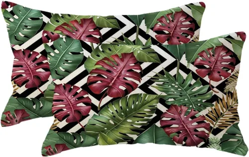 Miniatura 12 de ULOVE LOVE YOURSELF Paquete de 2 fundas de almohada cuadradas decorativas con diseño de hojas verdes tropicales con fondo geométrico, fundas